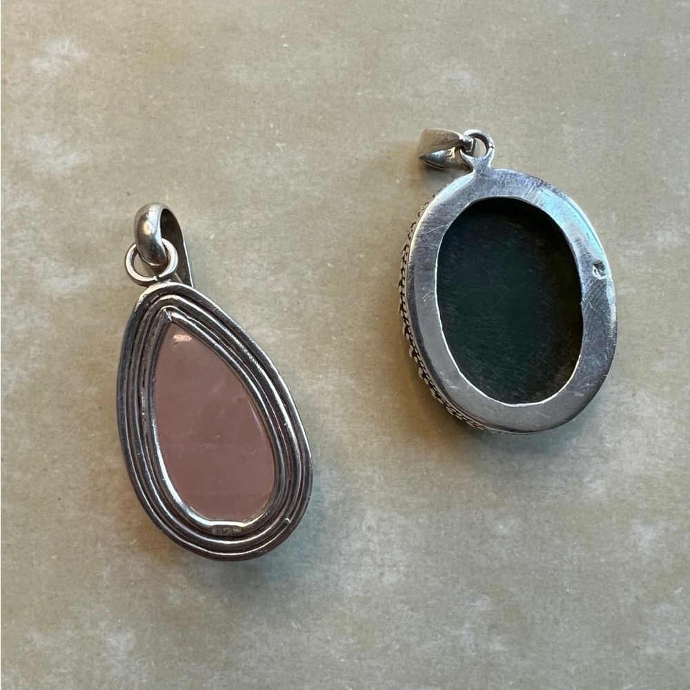Sterling Silver Rose Quartz & Green Jade Pendant Lot | Vintage - Picture 3 of 4